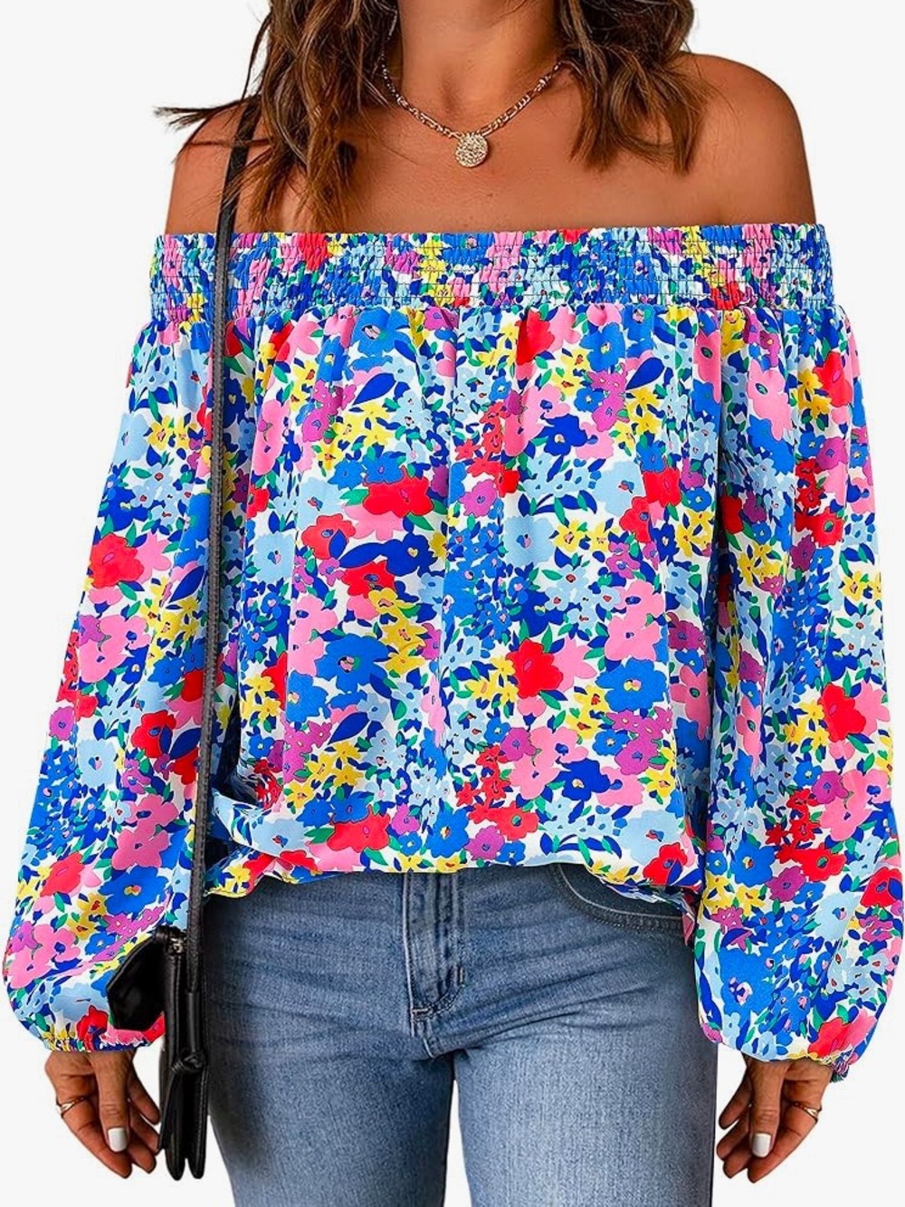 Floral Off-Shoulder Boho Peasant Long Sleeve Blouse - Blue Multi Sz S